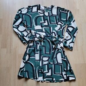 Zara Geometric Print Belted Mini Dress‎ Green White Black Long Sleeve Women S
